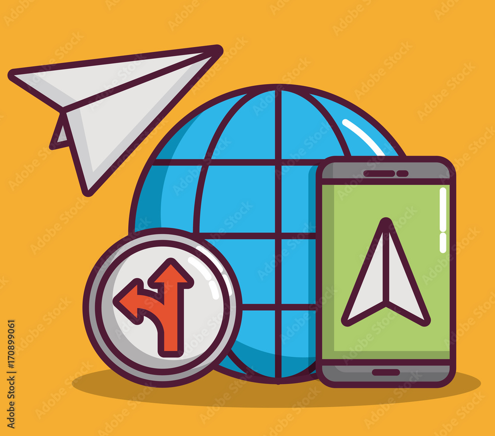 Poster smartphone and global sphere with navigation and location related icons over yellow background color
