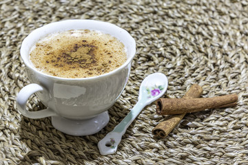 Turkish traditional hot drink salep on green background. 