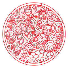 Zendala. Zentangle. Hand drawn circle mandala with abstract patterns on isolation background. Line art creation. Print for polygraphy, t-shirts and textiles