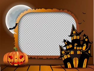 Schilderijen op glas Happy Halloween background with pumpkin, haunted house and full moon. invitation template for Halloween party. Vector illustration © vat2522