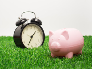 Coin bank sitting on grass with hand putting in a coin.