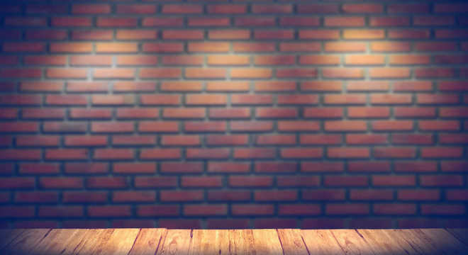 background lighting blur bick and font top wood table  use present product