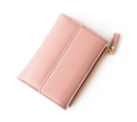 Closeup modern pink woman wallet on white background