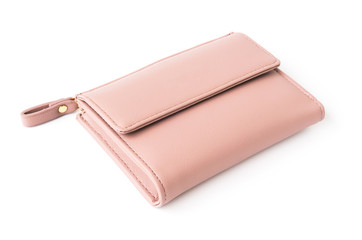 Closeup modern pink woman wallet on white background