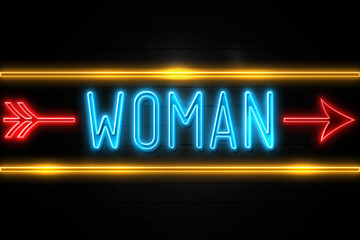 Woman  - fluorescent Neon Sign on brickwall Front view