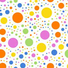 Colorful polka dots seamless pattern on white 2 background. Wonderful classic colorful polka dots textile pattern. Seamless scattered confetti fall chaotic decor. Abstract vector illustration.