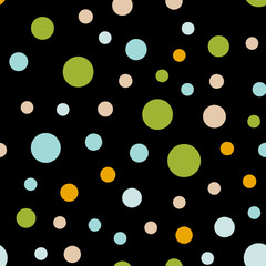Colorful polka dots seamless pattern on black 1 background. Delightful classic colorful polka dots textile pattern. Seamless scattered confetti fall chaotic decor. Abstract vector illustration.