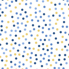 Colorful polka dots seamless pattern on white 24 background. Remarkable classic colorful polka dots textile pattern. Seamless scattered confetti fall chaotic decor. Abstract vector illustration.