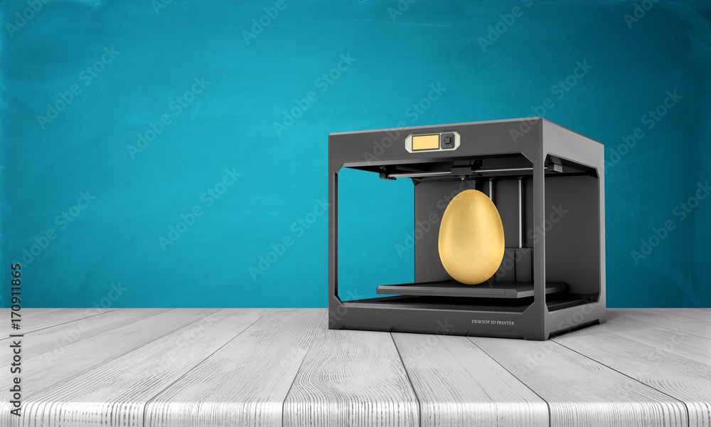 Poster 3d rendering of a black 3d-printer standing on a wooden table with a finished golden egg inside it.