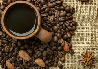 hot Coffee in a clay bowl top view