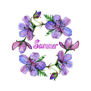 Watercolor illustration of flowers frame and summer lettering. Violet forest geranium.