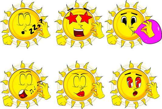 Cartoon sun showing ok sign. Collection with various facial expressions. Vector set.