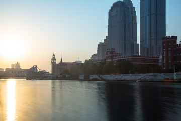 Naklejka premium Tianjin Hai river waterfront downtown skyline,China.