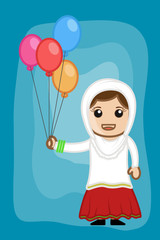 Cute Happy Cartoon Woman Holding Balloons