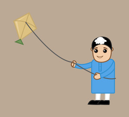 Cartoon Kid Sardar Playing with Kite - celebrating lohri