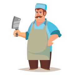 Happy Butcher Vector. Standing Butcher Man With Knife. Natural Meat. For Steak, Meat Market, Storeroom Advertising Concept. Cartoon Isolated Illustration.