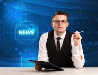 Modern televison presenter telling the news with tehnology background