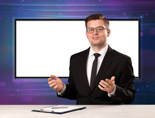 Television program host with big copy screen in his back