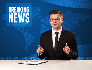 Television presenter in front telling breaking news with blue modern background