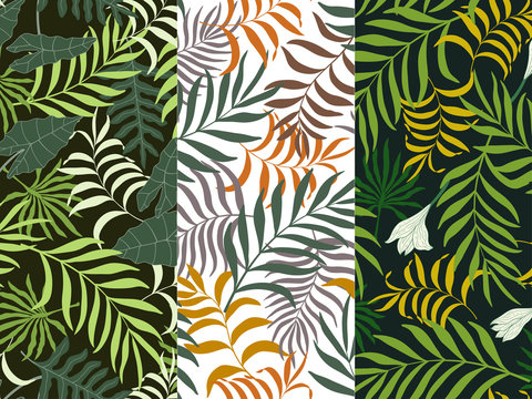 Set of three tropical backgrounds with palm leaves. Seamless floral pattern