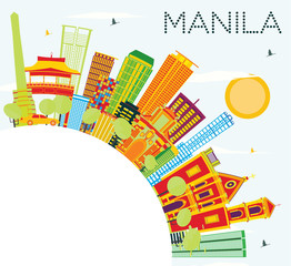 Manila Skyline with Color Buildings, Blue Sky and Copy Space.