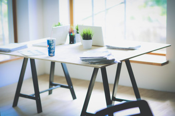 Young woman sitting at office table with laptop. Young woman. Laptop