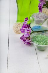 Spa treatments on wooden table.
