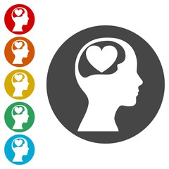 Human head silhouette and structure of the brain icons set 