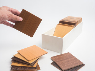 Samples of veneer wood on white background. interior design select material for idea.