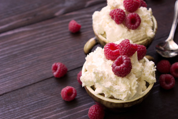 Cottage cheese with fresh raspberry, healthy dessert, food for dieting  or fitness