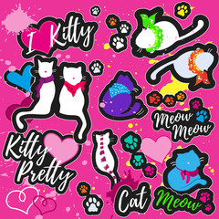 Colorful patches with cats, hearts, cat's footprints, inscriptions "I love kitty", "Meow Meow", "Kitty Pretty",  "Cat".  Vector illustration.