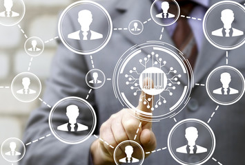 Online Social Shopping Microchip Network Business Computing Technology. Business man presses bar code circuit board button on a virtual interface.