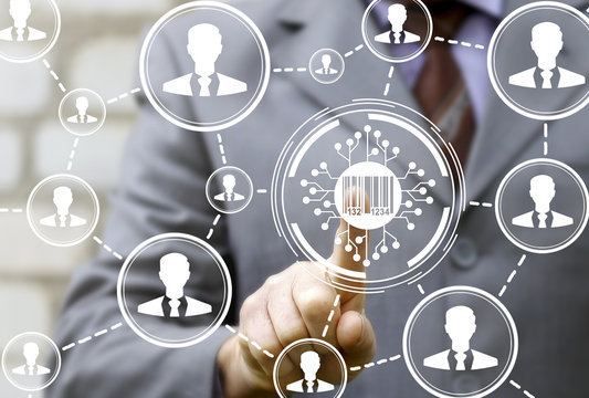 Online Social Shopping Microchip Network Business Computing Technology. Business man presses bar code circuit board button on a virtual interface.
