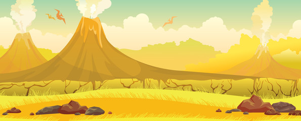 Volcanoes, grass, pterodactyls - prehistoric nature landscape. © Natali Snailcat