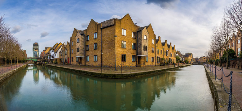 London, England - Panoramic view of the Ornamental Canal at St Katharine's & Wapping