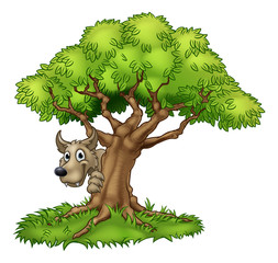Obraz premium Kreskówka bajkowy wielki zły wilk i drzewo