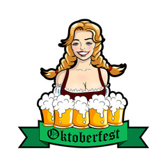 Vector illustration of waitress with mugs of beer. Oktoberfest logo, sticker. Vector isolated illustration on a white.