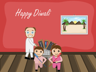 Happy Man and Kids Celebrating Diwali