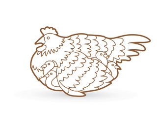 Hen with chicken outline graphic vector