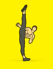 Kung fu, Karate high kick front view graphic vector.