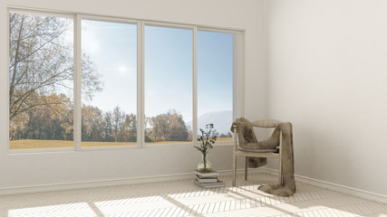 Empty room with wooden chair with fur couch and large window with panoramic view, autumn mountains interior design