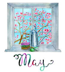 May month concept. Gardening theme - watering can, gloves and flowers for planting. Calendar page design