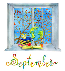 September month concept. Knowledges theme background with books, clock and global map. Calendar page design