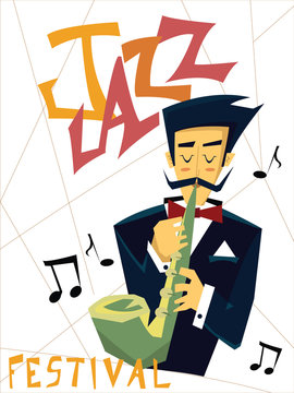 Template of poster for jazz music concert. A man plays the saxophone. Vector illustration.