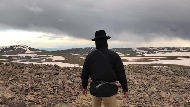 Tourist on Mount Aragats Armenia In slow motion