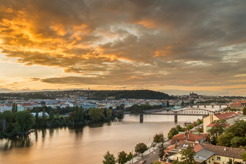 Fototapeta na wymiar Light sunset sky over Vltava in Prague, Czech republic