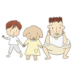Vector illustration of dad and kid with dog. Family concept - happy father's day card, daddy and son &  daughter. Cartoon drawing style, isolated on white background.