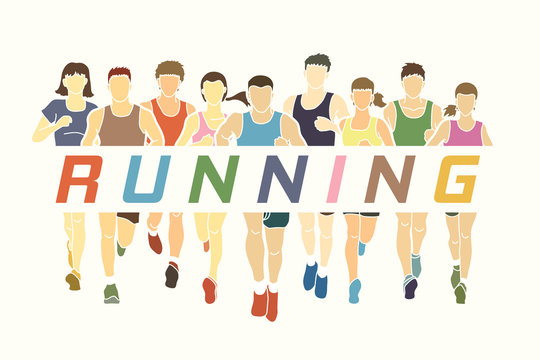 Marathon runners, Group of people running, Men and Women running with text running graphic vector.