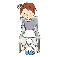 Vector illustration of little cute kid sitting on folding chair and drawing a picture with pencil. Cartoon character drawing style. Isolated on white background.