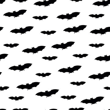 Seamless pattern with black bats on white background. Halloween design concept. Vector illustration